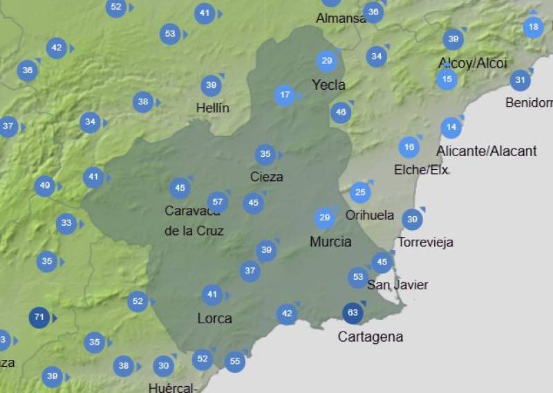 Murcia forecast February 12-15: More weather warnings for strong wind all this weekend